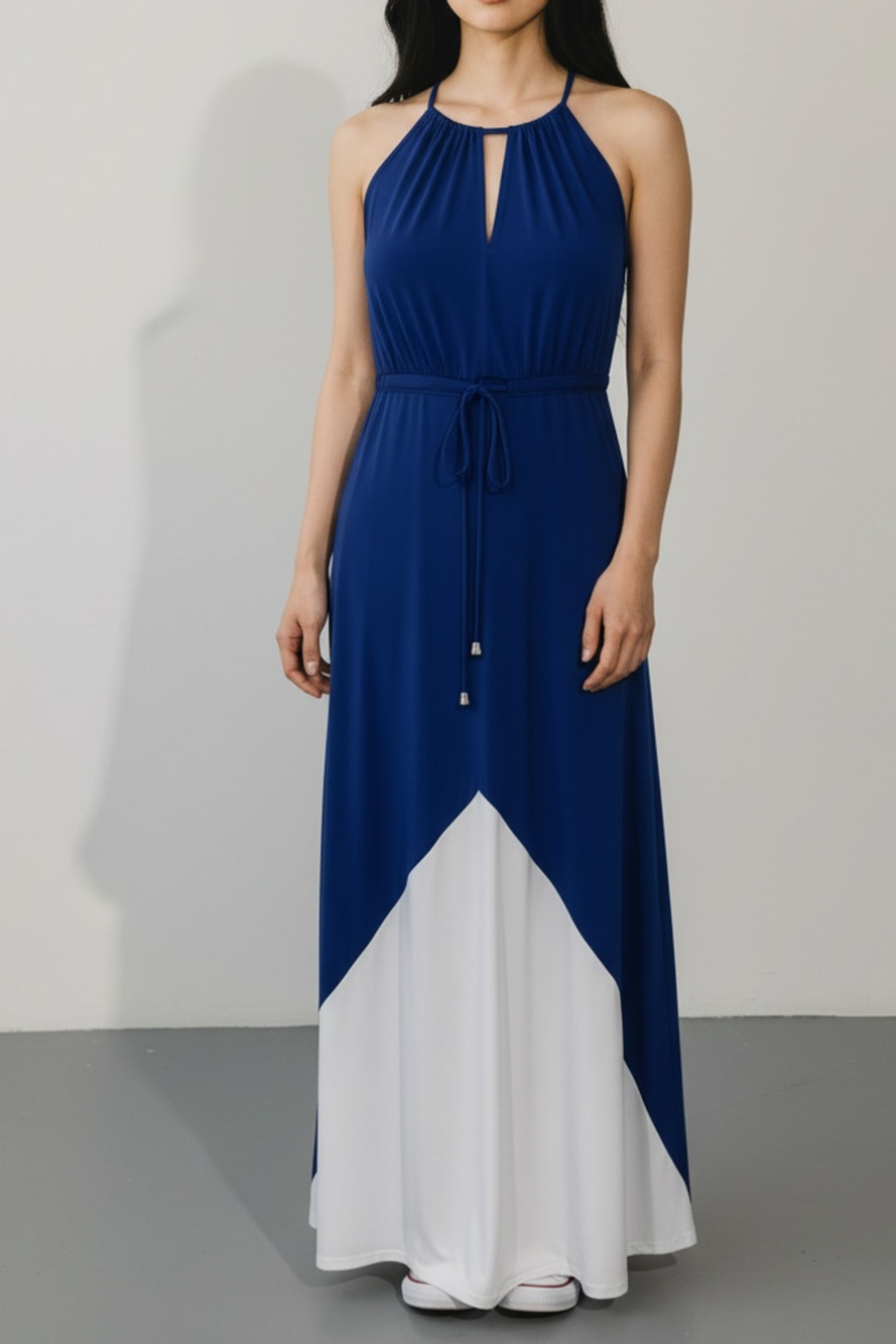 Boston Proper Halter Maxi Dress Size 12 Cobalt Blue Royal Blue White Colorblock